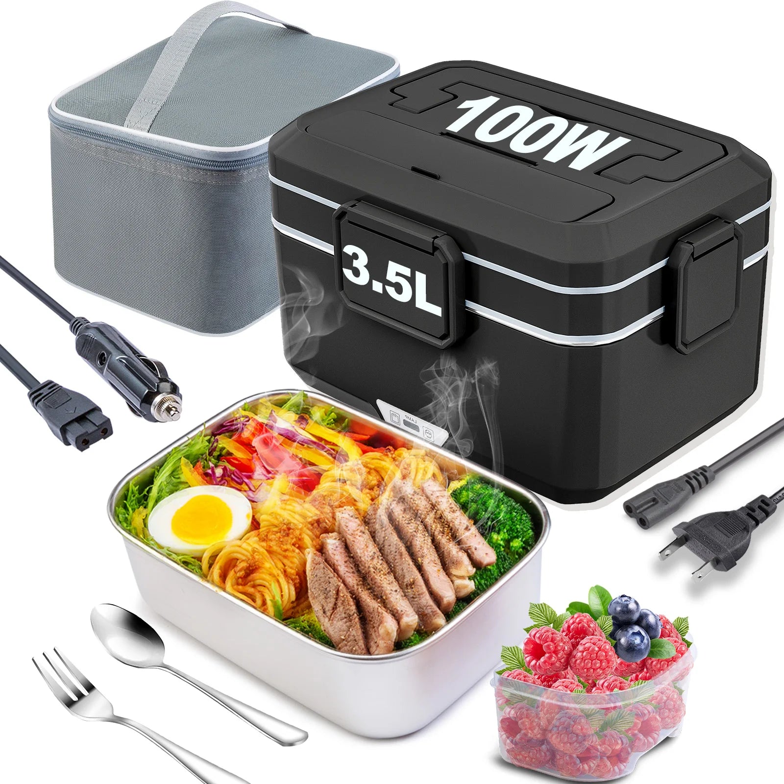 3.5L Extra Large Portable Thermal Lunch Box, 100W Electric Bento Box Heater, Multi-purpose Electric Food Container (Black)