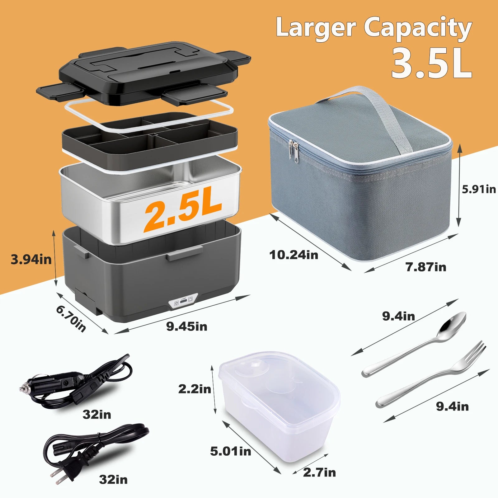 3.5L Extra Large Portable Thermal Lunch Box, 100W Electric Bento Box Heater, Multi-purpose Electric Food Container (Black)