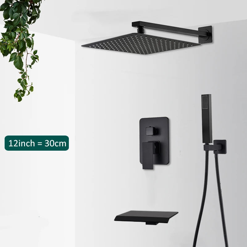 Black Concealed Shower System Rain Waterfall Bathroom Embedded Shower Faucet Set with Tub Spout