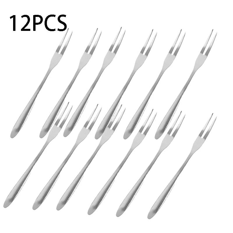 6/12PCS Stainless Steel Two-tine Fork Fruit Fork Set Tableware Multiple Use Snack Cake Dessert Forks Home Flatware