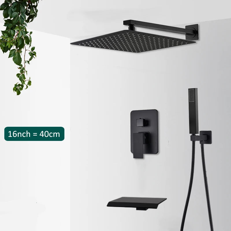 Black Concealed Shower System Rain Waterfall Bathroom Embedded Shower Faucet Set with Tub Spout