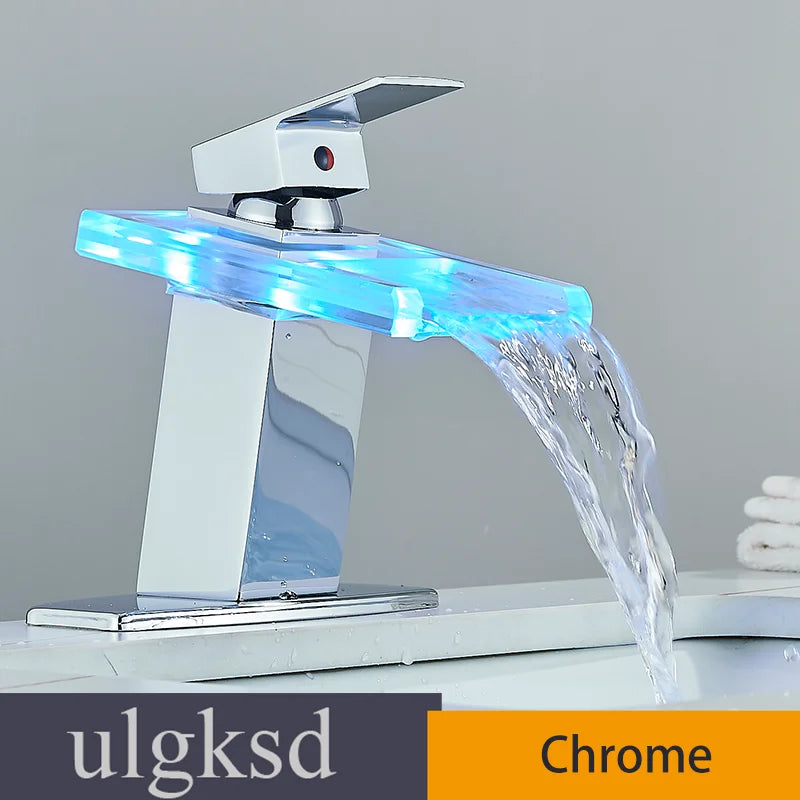 Black LED Bathroom Basin Faucet Temperature Induction Change Color Hot Cold Water Mixer Taps with Battery Box Deck Installation