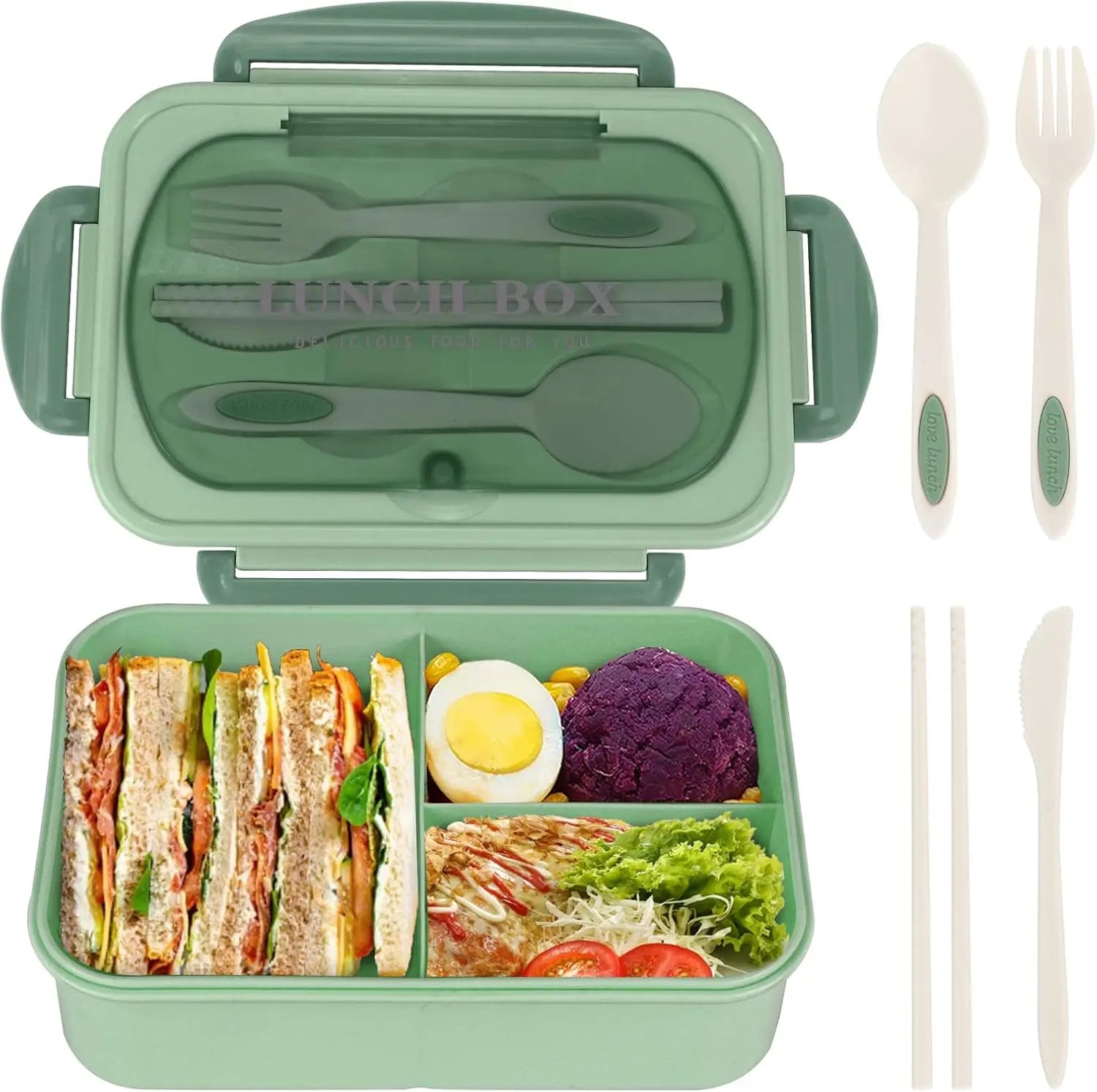 Boîte à bento repas 1200ML pour adultes, employés de bureau, pique-nique, boîte à déjeuner étanche avec couverts, bento box 3 compartiments, compatible micro-ondes