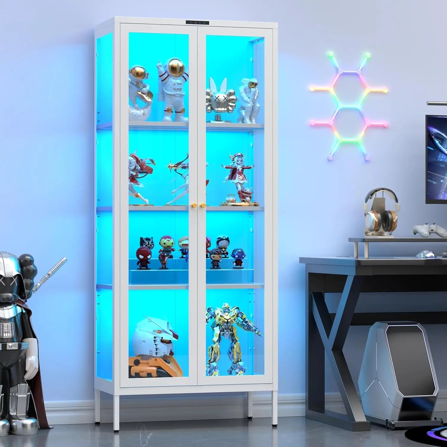 Display Cabinet with Glass Doors, Glass Display Cabinet with 8 Color LED Lights, Curio Display Cabinet with 3 Shelves, Custom