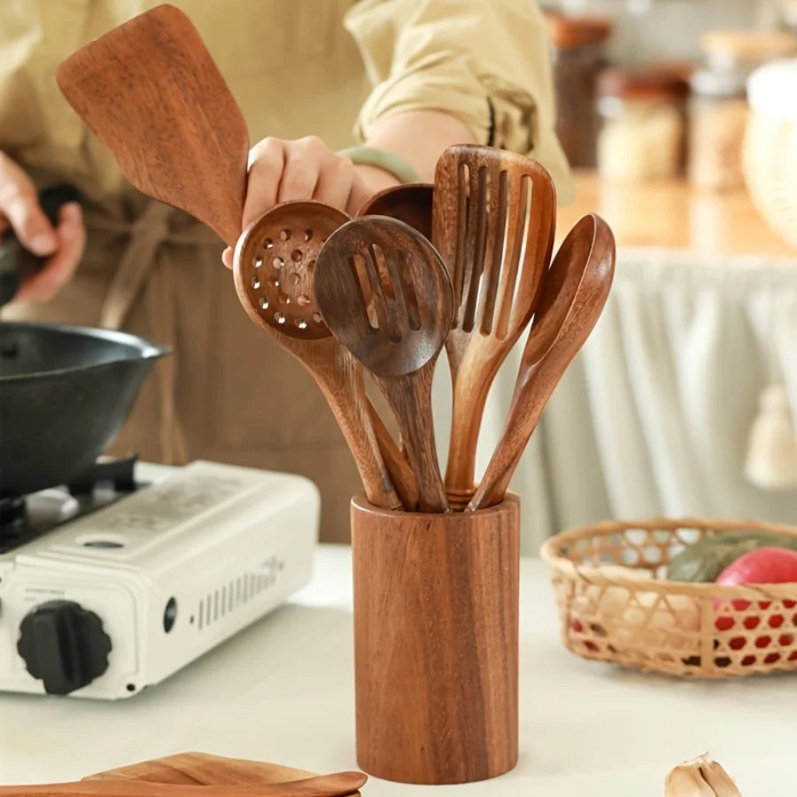 5-Piece Premium Wooden Kitchen Utensils Set, Heat Resistant Corrosion Proof Non-Smell Spoon Spatula Soup Spoon Tableware