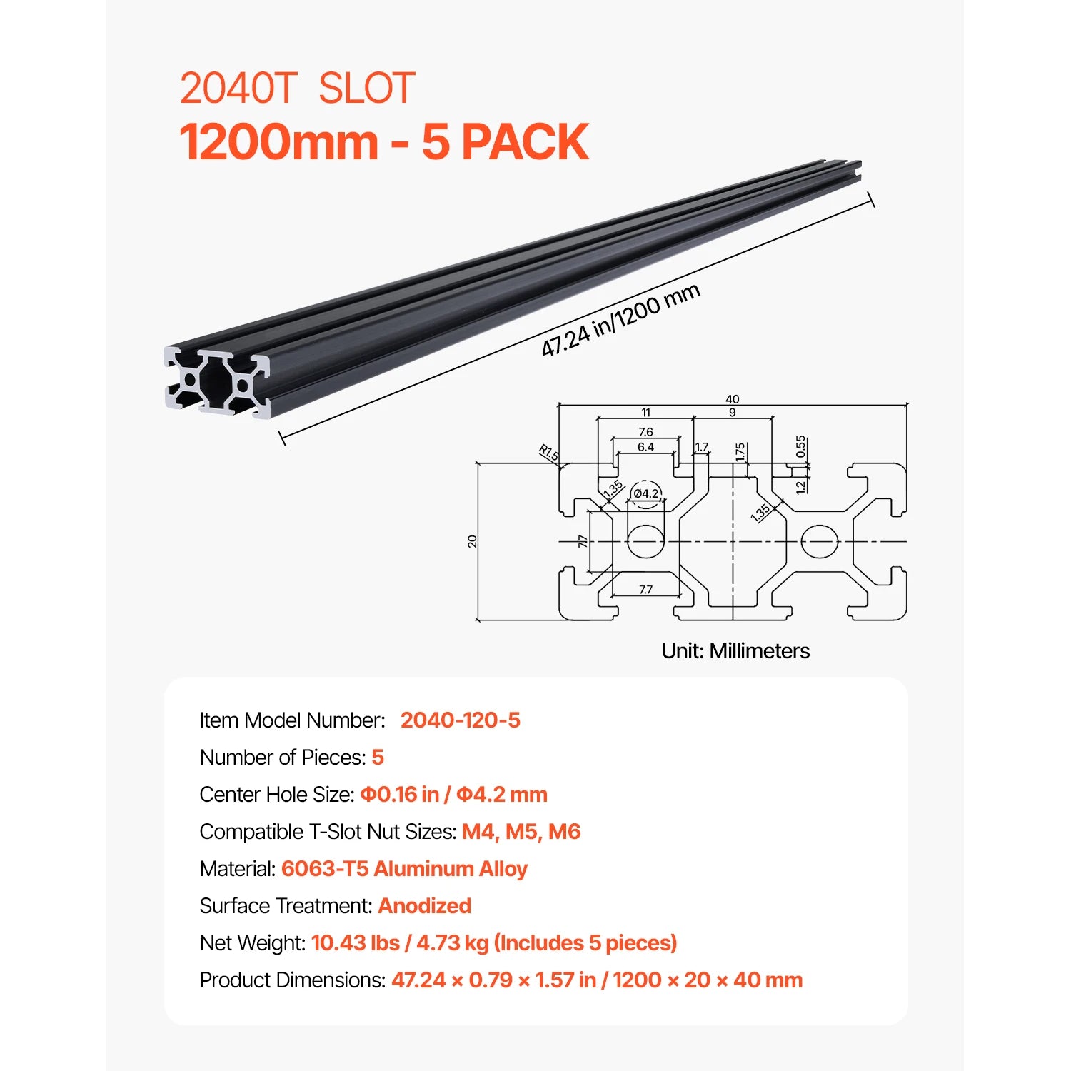 SucceBuy Linear Rail 4-5 PCS 1000mm/1200mm/1500mm/2000mm T Slot 2040 Aluminum Extrusion Profile for 3D Printer, CNC Machine DIY