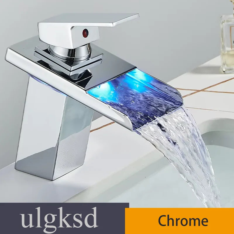 Black LED Bathroom Basin Faucet Temperature Induction Change Color Hot Cold Water Mixer Taps with Battery Box Deck Installation