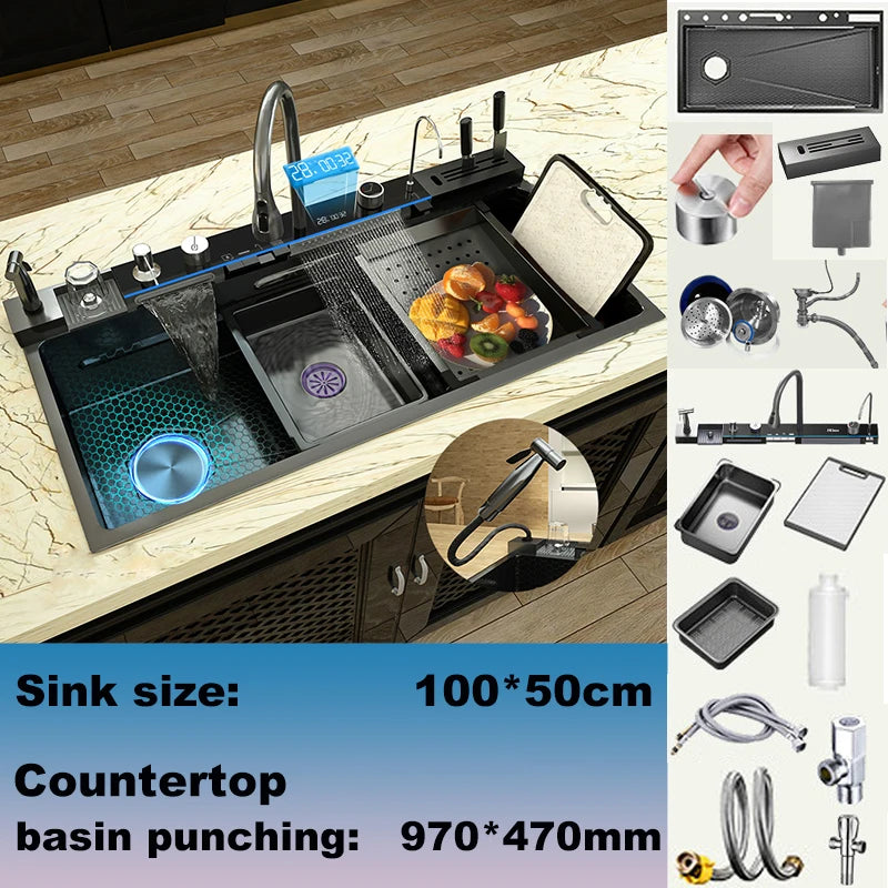 Gold Stainless Steel Kitchen Sink Scratch Wear Resistant Household Wash Dish Basin With Digital Display Large Single Slot