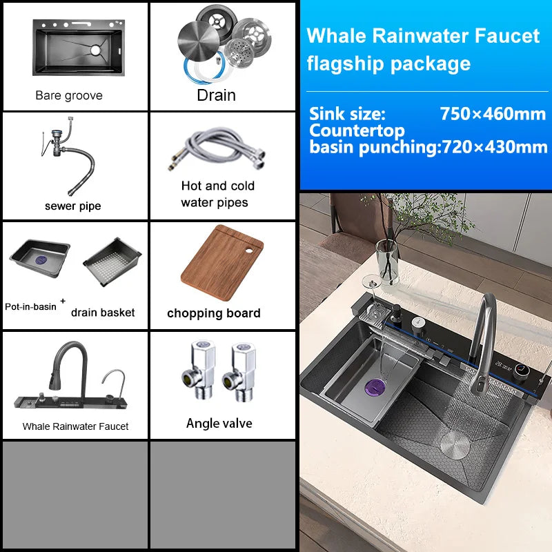 Stainless Steel Waterfall Kitchen Sink Digital Display Large Single Slot Dishwashing Sinks Overseas Warehouse Shipping
