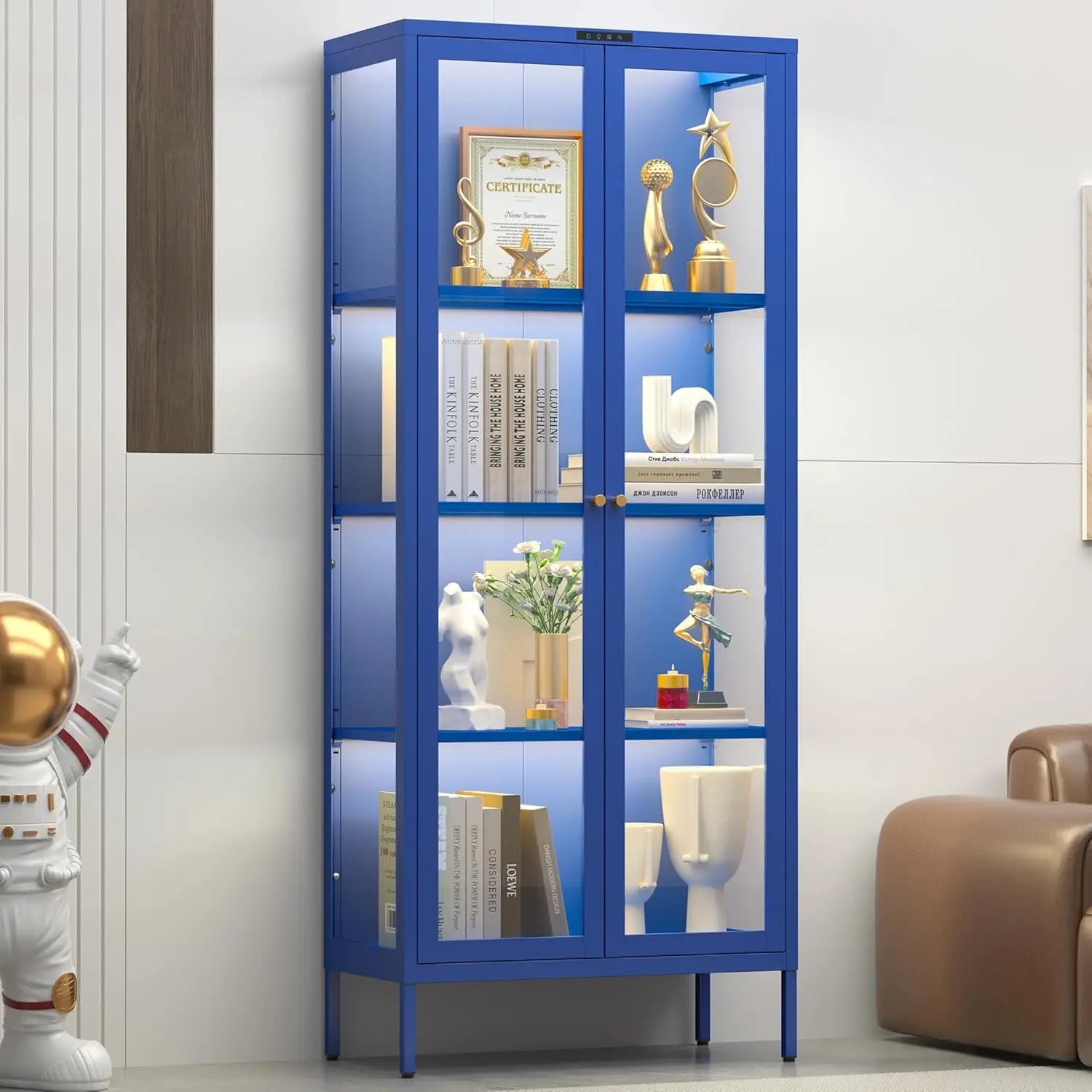Display Cabinet with Glass Doors, Glass Display Cabinet with 8 Color LED Lights, Curio Display Cabinet with 3 Shelves, Custom