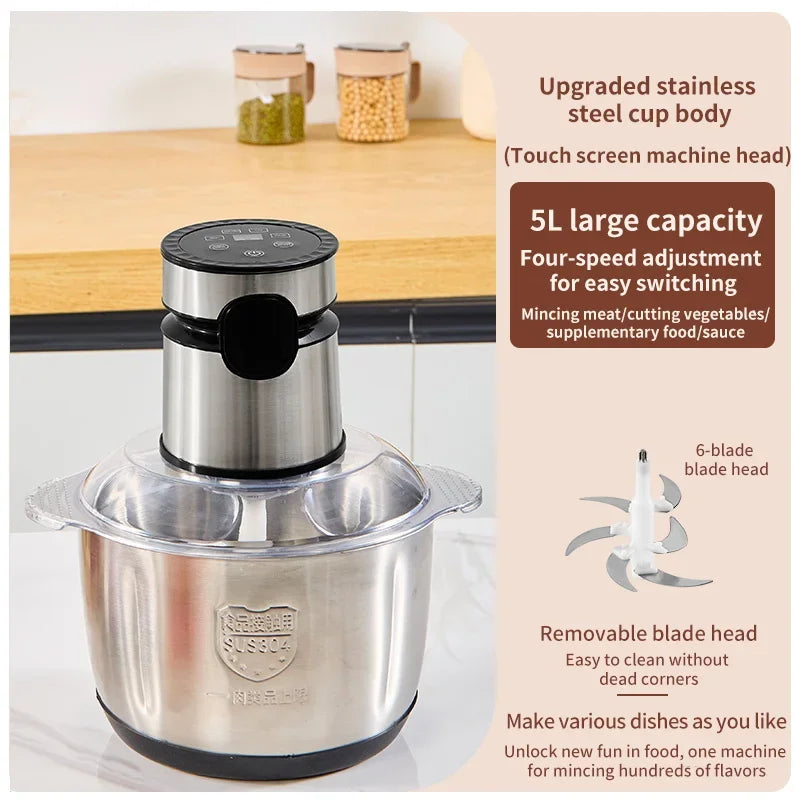 5L Electric Meat Grinders Multifunctional 304 Stainless Steel Food Crusher Vegetable Slicer Chopper Mincer Baby Food Processor