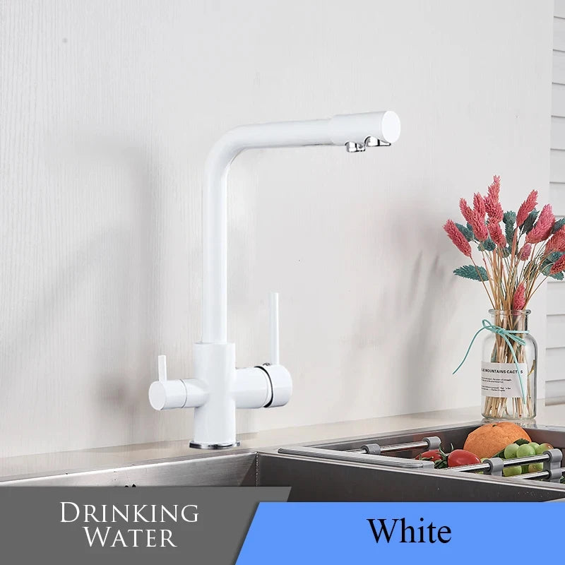 Chrome Kitchen Faucet Dual Swivel Spout Drinking Water Filter Brass Purifier Vessel Sink Mixer Tap Hot and Cold Water Torneira