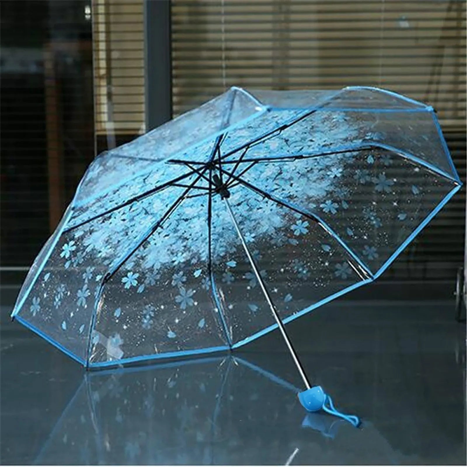 Transparent Clear Umbrella 3 Fold Umbrella Pink, Green, Blue, And Purple Flowers, Cherry Blossom Transparent And Sunny Umbrellas