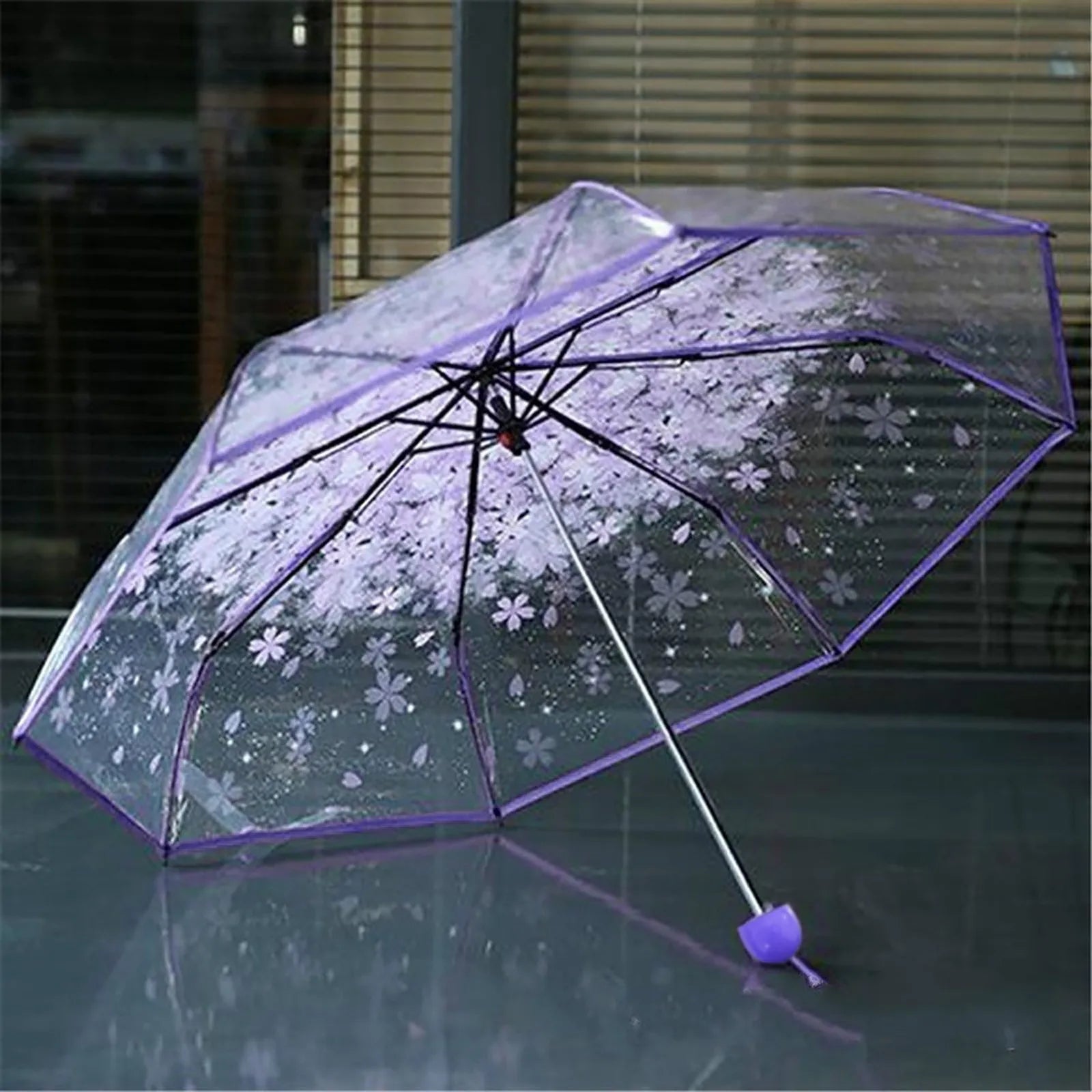 Transparent Clear Umbrella 3 Fold Umbrella Pink, Green, Blue, And Purple Flowers, Cherry Blossom Transparent And Sunny Umbrellas