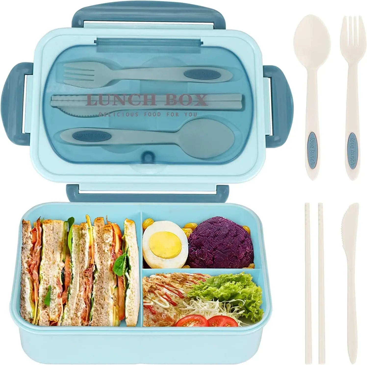 Boîte à bento repas 1200ML pour adultes, employés de bureau, pique-nique, boîte à déjeuner étanche avec couverts, bento box 3 compartiments, compatible micro-ondes