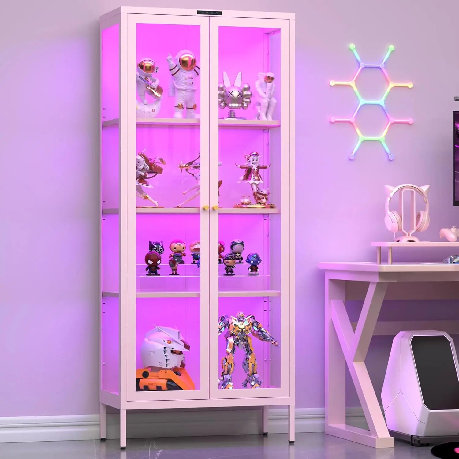 Display Cabinet with Glass Doors, Glass Display Cabinet with 8 Color LED Lights, Curio Display Cabinet with 3 Shelves, Custom