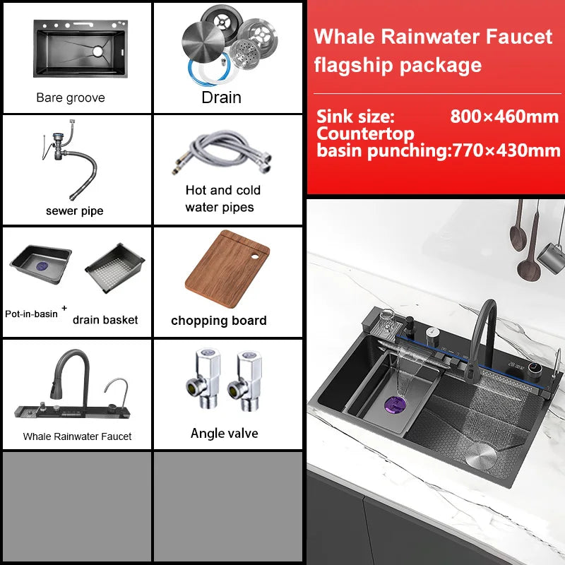 Stainless Steel Waterfall Kitchen Sink Extra Large Single Bowl Digital Display Multifunctional Dishwashing sinks