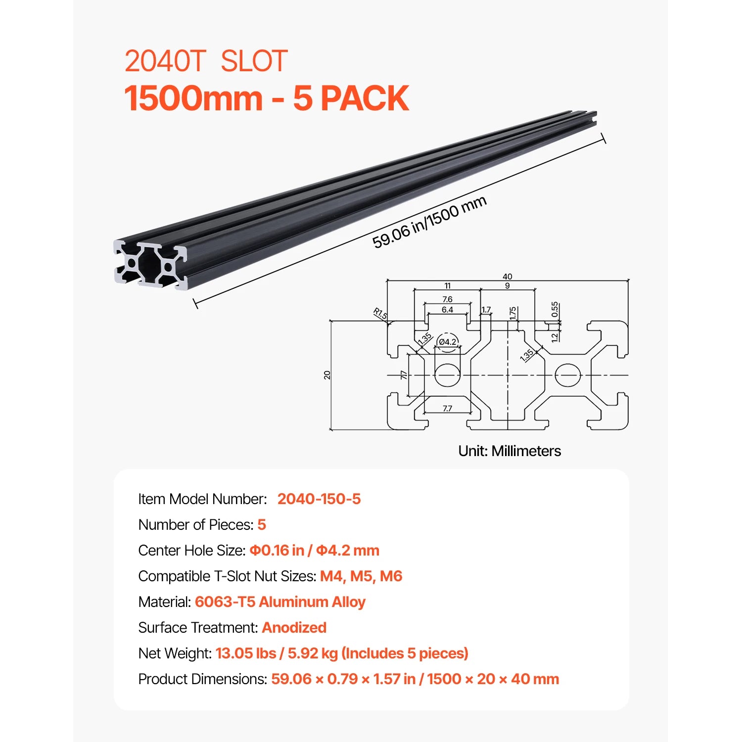 SucceBuy Linear Rail 4-5 PCS 1000mm/1200mm/1500mm/2000mm T Slot 2040 Aluminum Extrusion Profile for 3D Printer, CNC Machine DIY