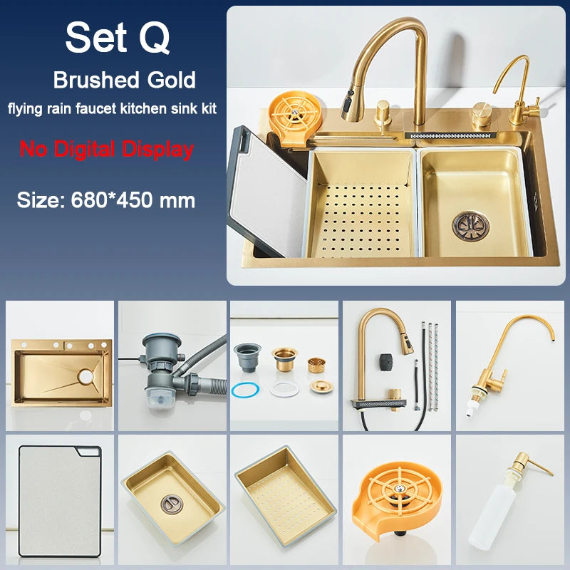 Single Slot Kitchen Sink with Faucet 304 Stainless Steel Large 60x45cm Rainfall 4 Functions Sink with Soap Dispenser,Cup Washer