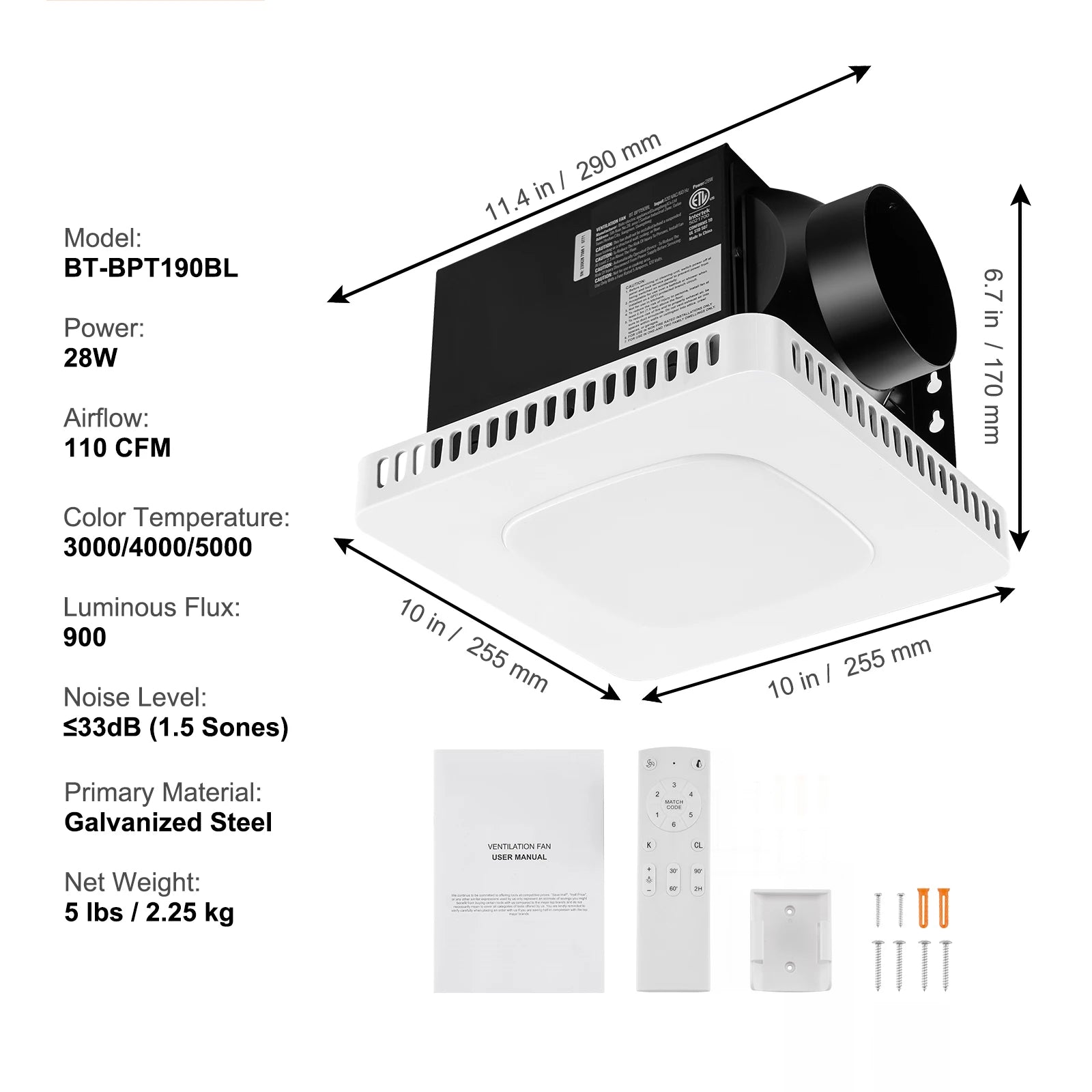 SucceBuy Bathroom Exhaust Fan 80/110CFM High-Efficiency Ventilation 1.5sones Low Noise Operation Energy-Saving Bathroom Ceiling