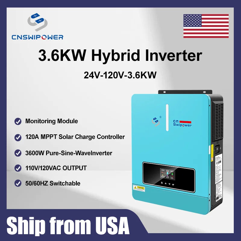 CNswipower SRC 4000VA 3600W Hybrid Solar Inverter pure sine wave inverter 120A MPPT 24VDC 120VAC for solar charger