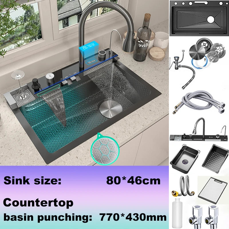Gold Stainless Steel Kitchen Sink Scratch Wear Resistant Household Wash Dish Basin With Digital Display Large Single Slot