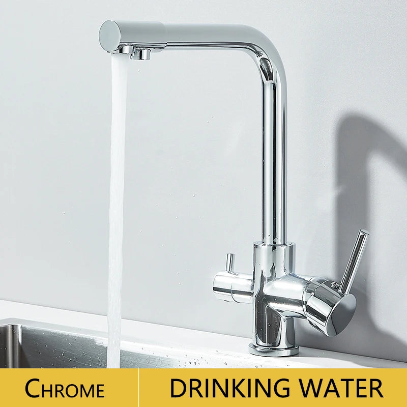 Chrome Kitchen Faucet Dual Swivel Spout Drinking Water Filter Brass Purifier Vessel Sink Mixer Tap Hot and Cold Water Torneira