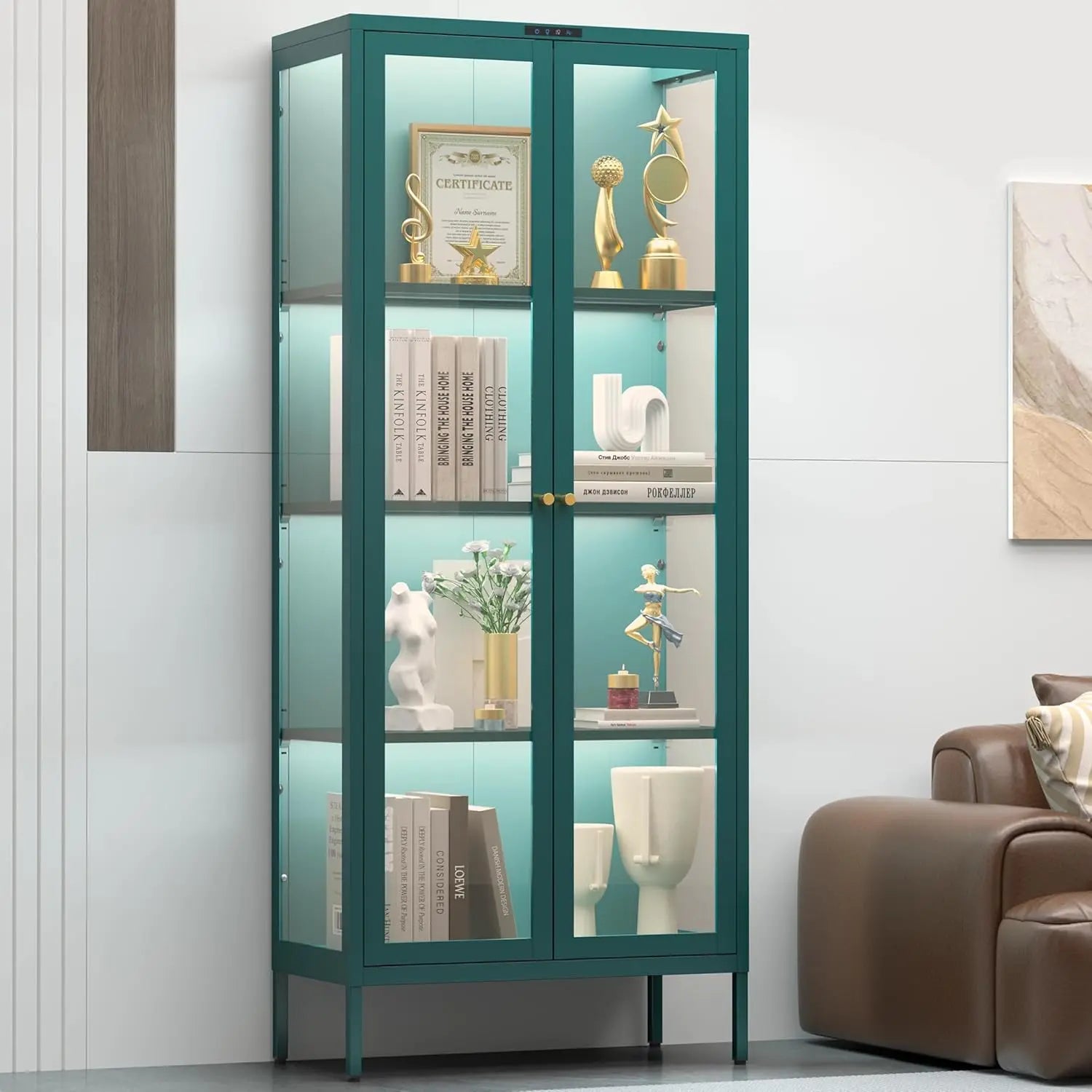 Vitrine d'exposition avec portes en verre, Vitrine en verre avec 8 lumières LED colorées, Vitrine de collection avec 3 étagères, Personnalisé