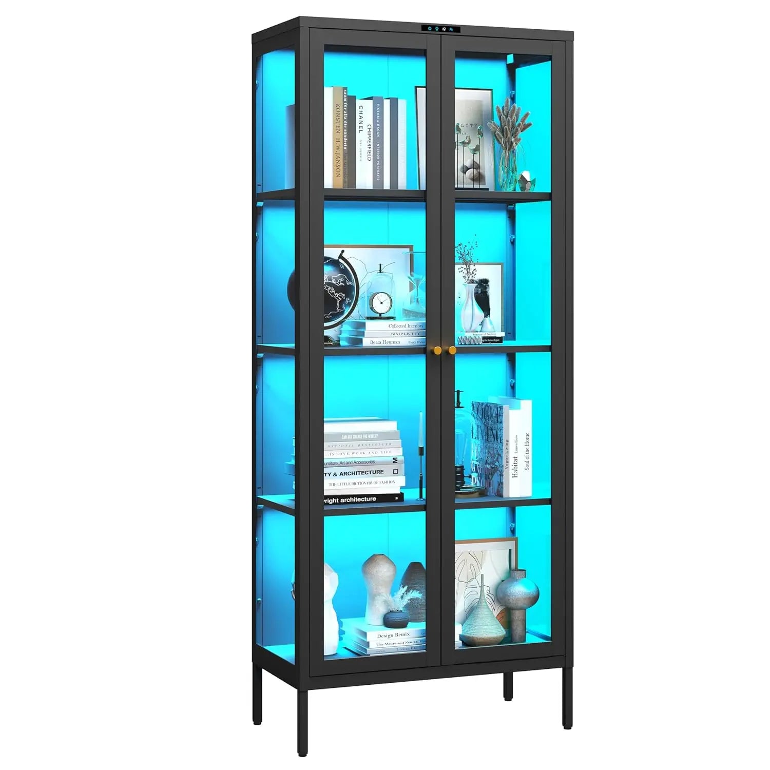Display Cabinet with Glass Doors, Glass Display Cabinet with 8 Color LED Lights, Curio Display Cabinet with 3 Shelves, Custom