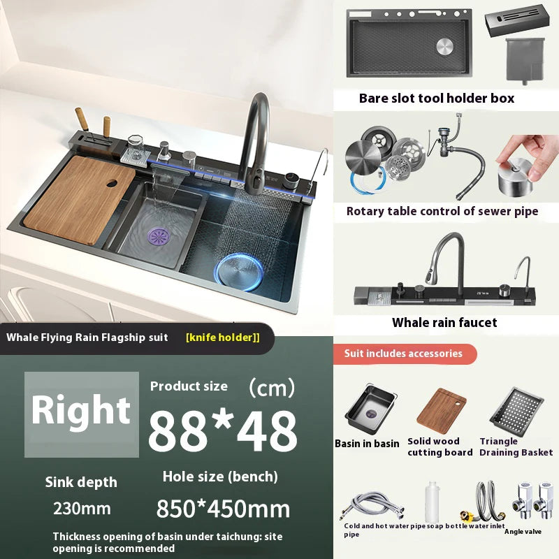 Stainless Steel Waterfall Kitchen Sink Extra Large Single Bowl Digital Display Multifunctional Dishwashing sinks