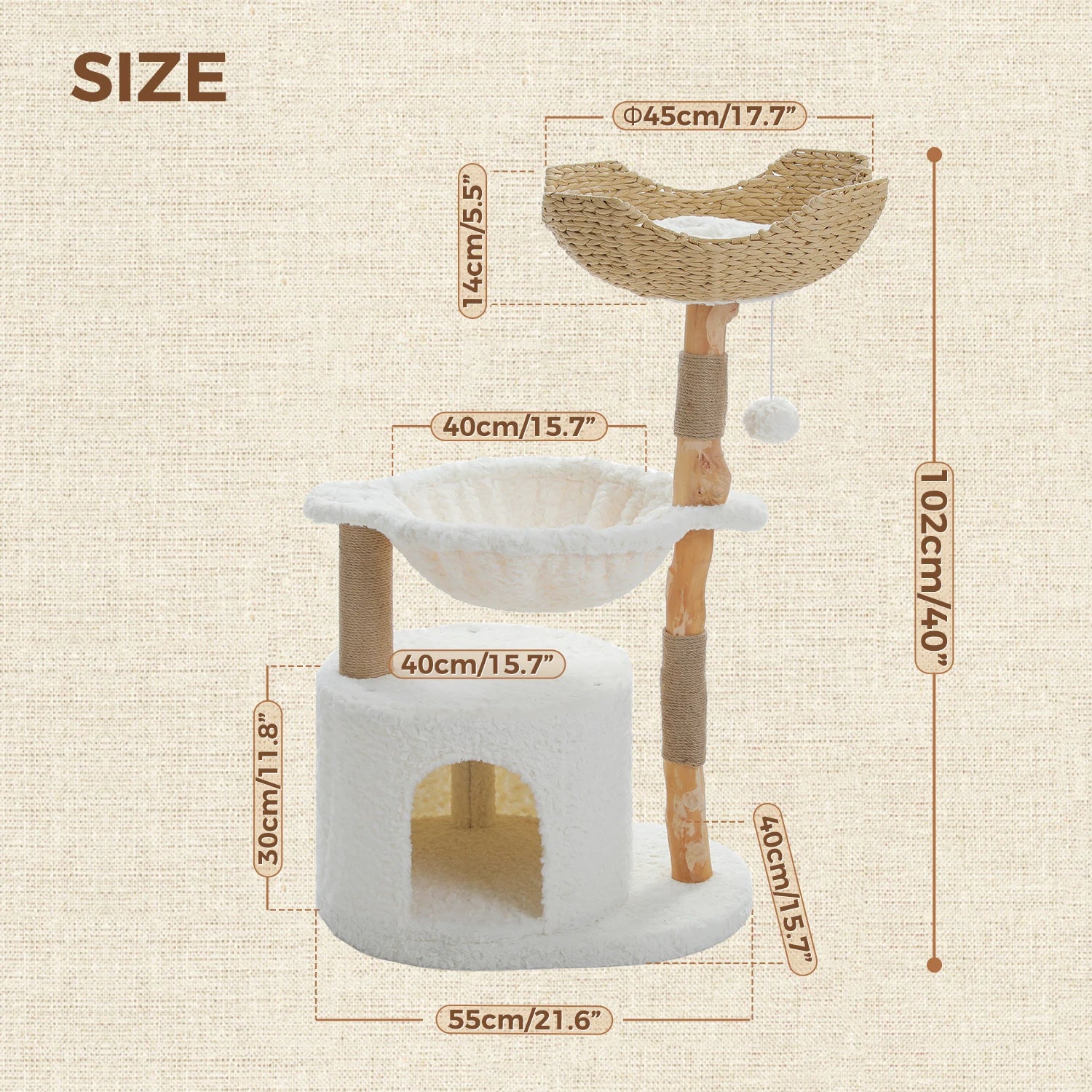 Functional Modern Cat Tree Tower with Large Woven Wicker Basket,Cozy Hammock,Natural Solid Wood Scratching Post, Cat Accessories
