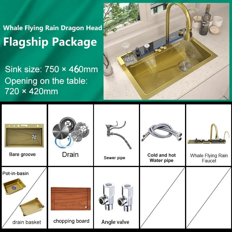 Stainless Steel Waterfall Kitchen Sink Extra Large Single Bowl Digital Display Multifunctional Dishwashing sinks