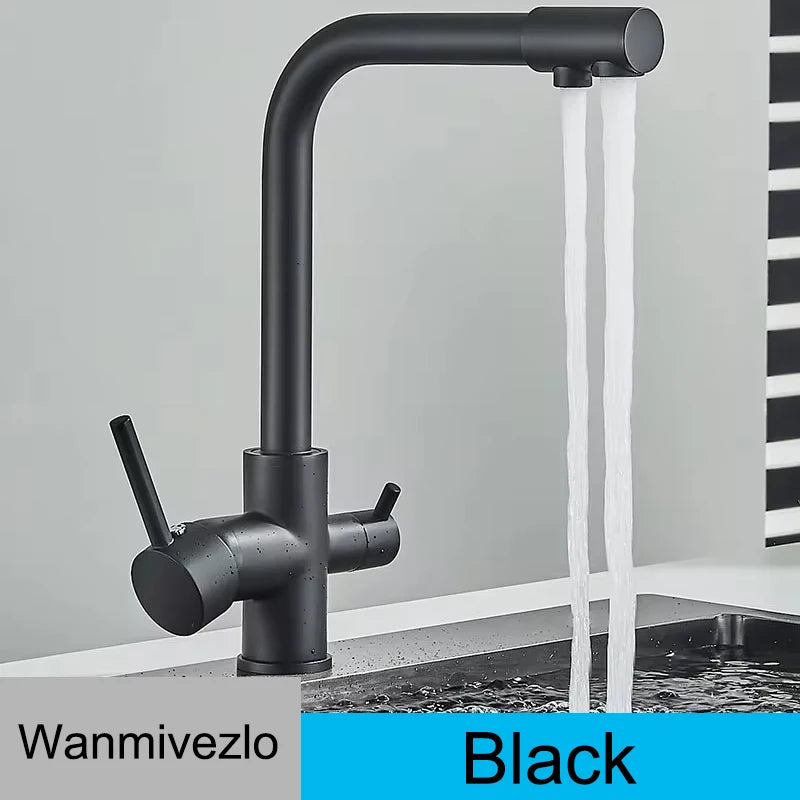 Chrome Kitchen Faucet Dual Swivel Spout Drinking Water Filter Brass Purifier Vessel Sink Mixer Tap Hot and Cold Water Torneira