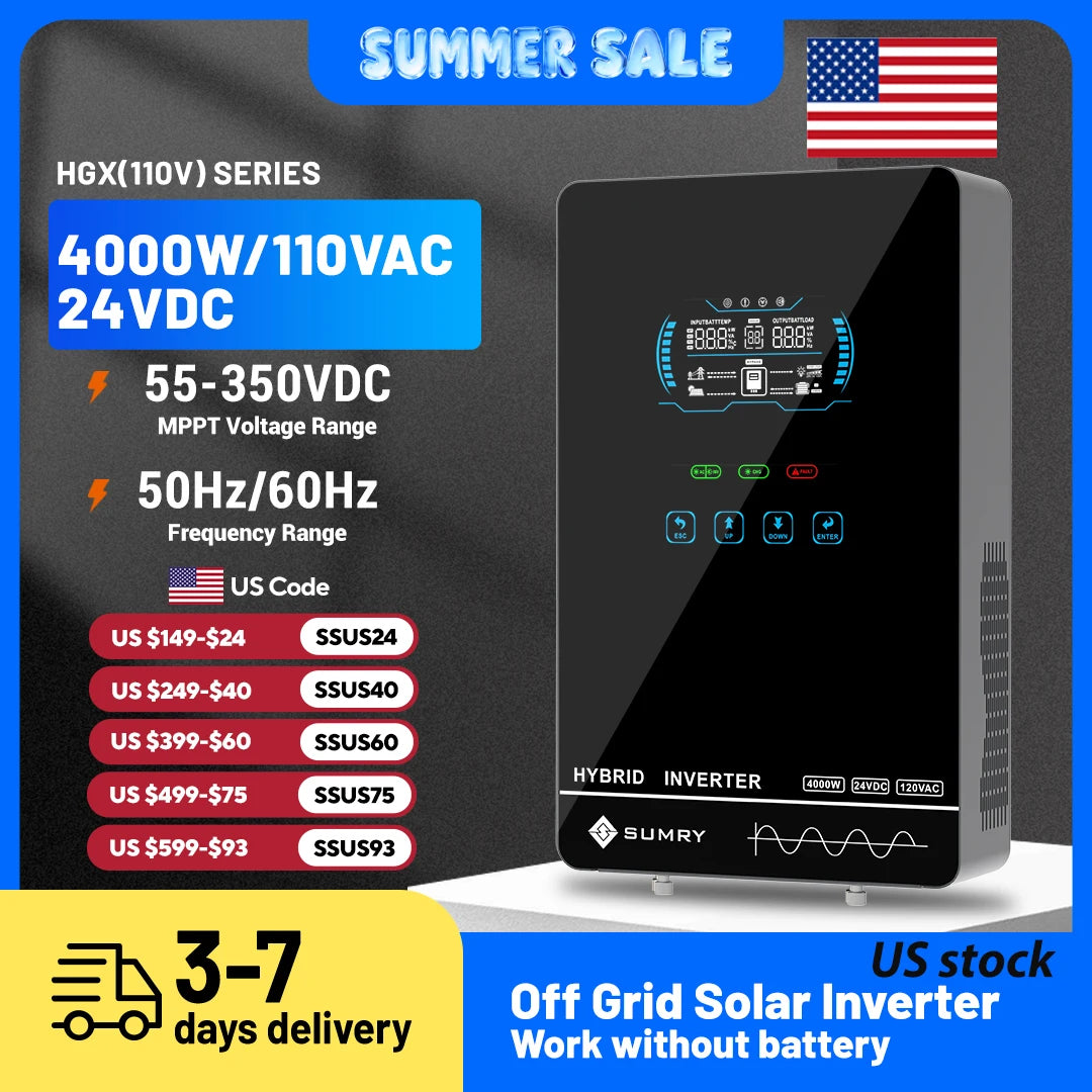 SUMRY 4KW 6KW 120V Off Grid Solar Inverter 24V 140A 5600W MPPT Charger Pure Sine Wave Home Inverter 6.25 Inch LCD Display