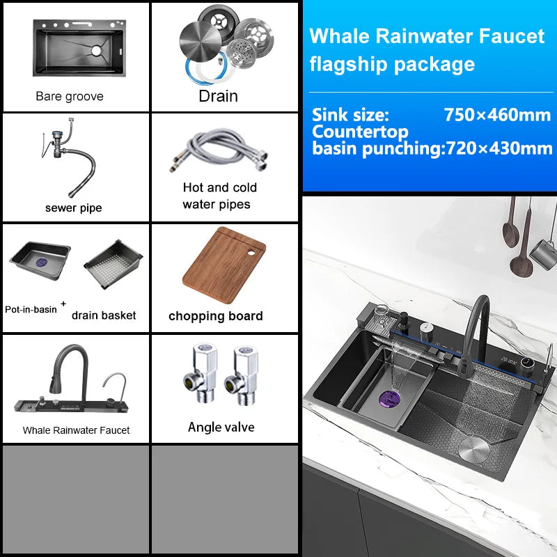 Stainless Steel Waterfall Kitchen Sink Extra Large Single Bowl Digital Display Multifunctional Dishwashing sinks