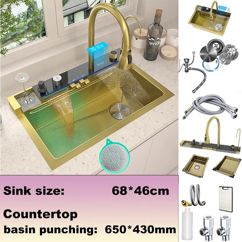 Gold Stainless Steel Kitchen Sink Scratch Wear Resistant Household Wash Dish Basin With Digital Display Large Single Slot