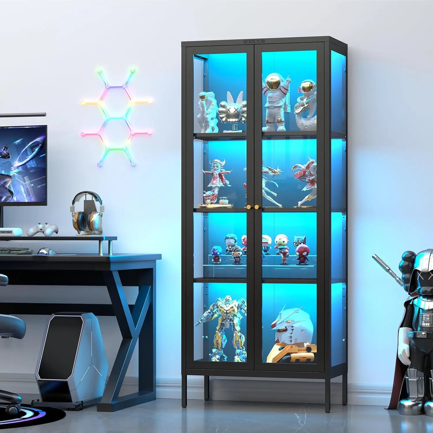 Display Cabinet with Glass Doors, Glass Display Cabinet with 8 Color LED Lights, Curio Display Cabinet with 3 Shelves, Custom