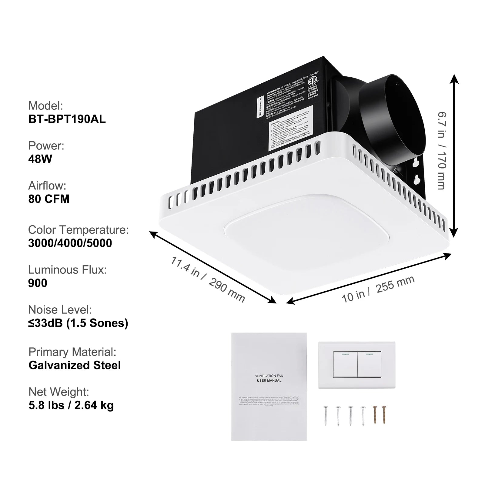 SucceBuy Bathroom Exhaust Fan 80/110CFM High-Efficiency Ventilation 1.5sones Low Noise Operation Energy-Saving Bathroom Ceiling