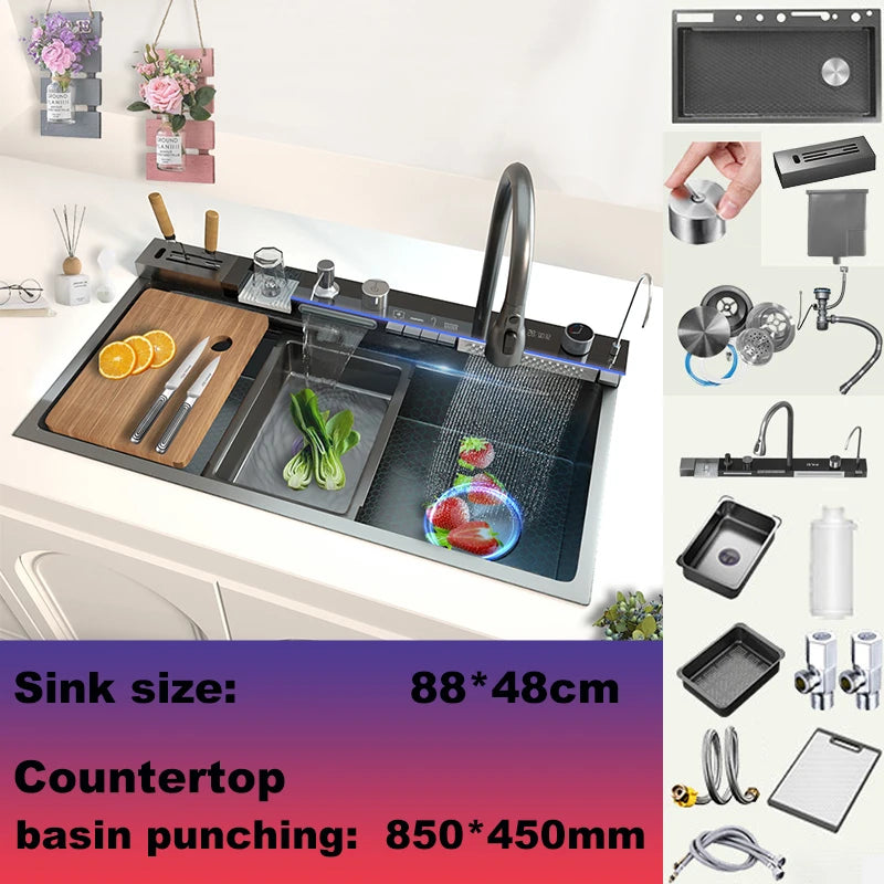 Gold Stainless Steel Kitchen Sink Scratch Wear Resistant Household Wash Dish Basin With Digital Display Large Single Slot