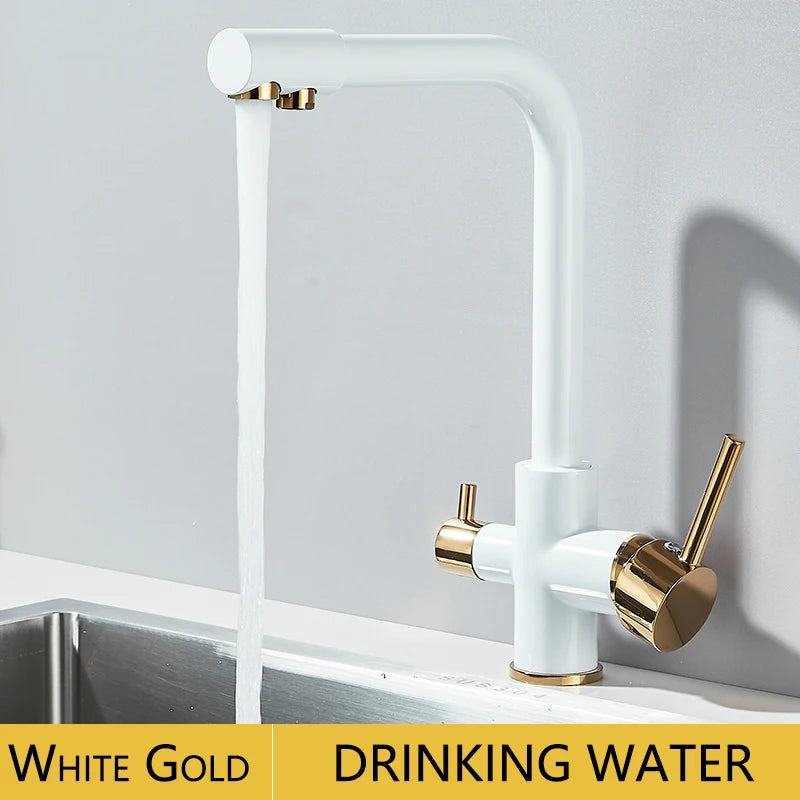 Chrome Kitchen Faucet Dual Swivel Spout Drinking Water Filter Brass Purifier Vessel Sink Mixer Tap Hot and Cold Water Torneira