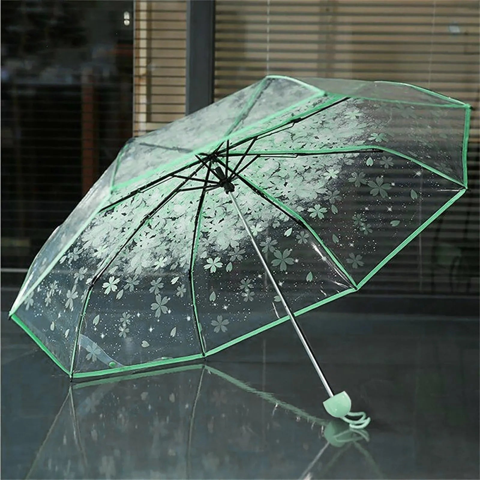 Transparent Clear Umbrella 3 Fold Umbrella Pink, Green, Blue, And Purple Flowers, Cherry Blossom Transparent And Sunny Umbrellas