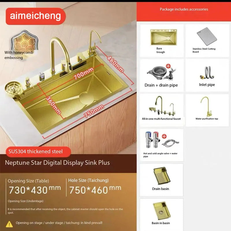 Évier de cuisine Gold doré 5 mm Cascade Technologie nid d'abeille Grand écran numérique Évier en acier inoxydable