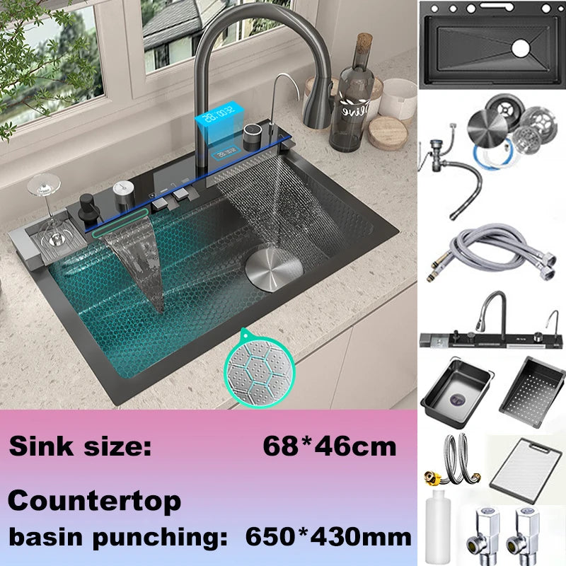 Gold Stainless Steel Kitchen Sink Scratch Wear Resistant Household Wash Dish Basin With Digital Display Large Single Slot