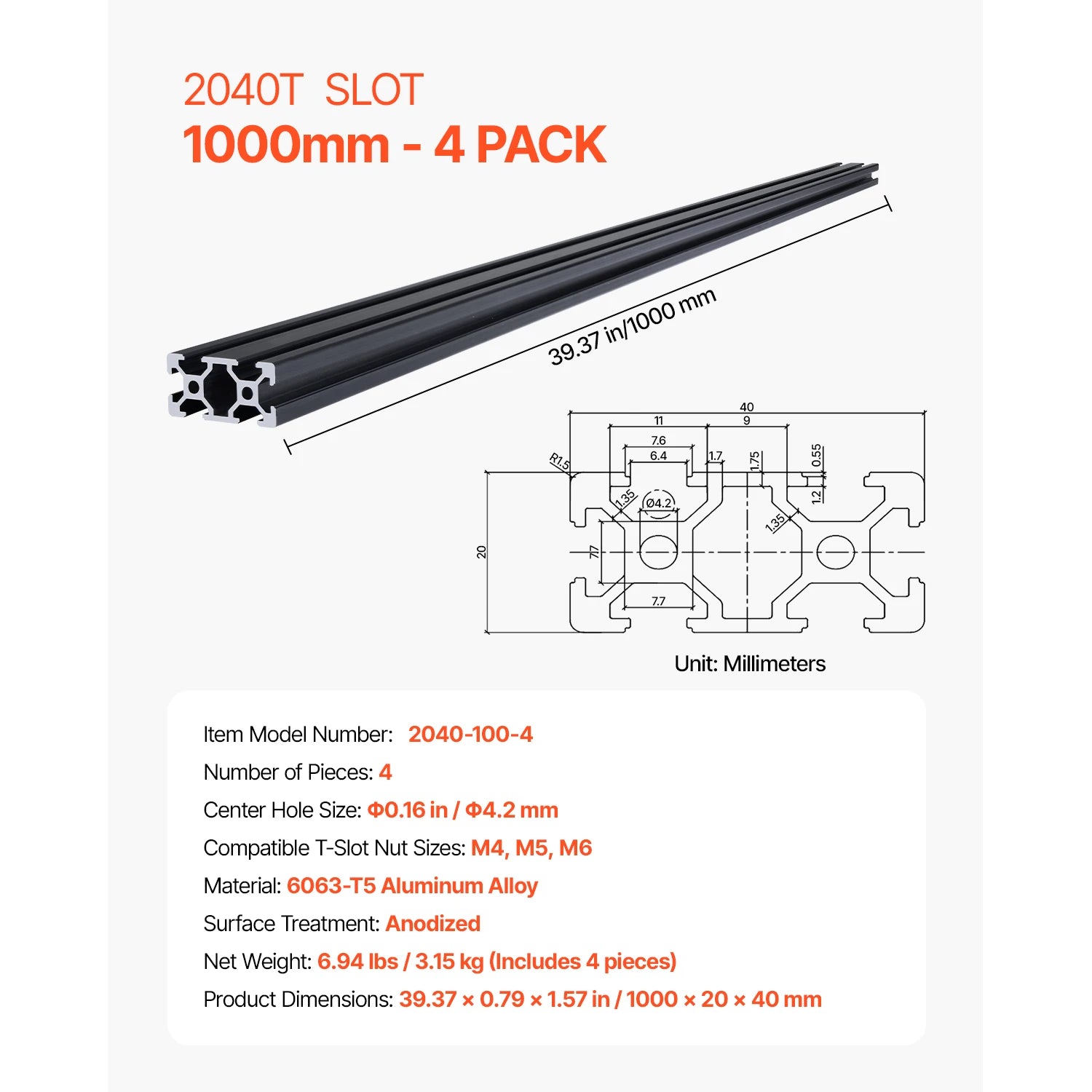 SucceBuy Linear Rail 4-5 PCS 1000mm/1200mm/1500mm/2000mm T Slot 2040 Aluminum Extrusion Profile for 3D Printer, CNC Machine DIY
