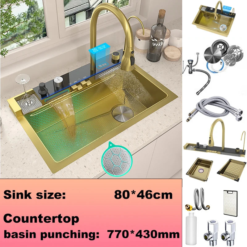 Gold Stainless Steel Kitchen Sink Scratch Wear Resistant Household Wash Dish Basin With Digital Display Large Single Slot