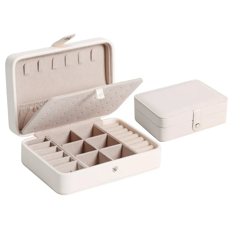 Portable double-layer buttoned jewelry storage box necklace watch, earring ring jewelry