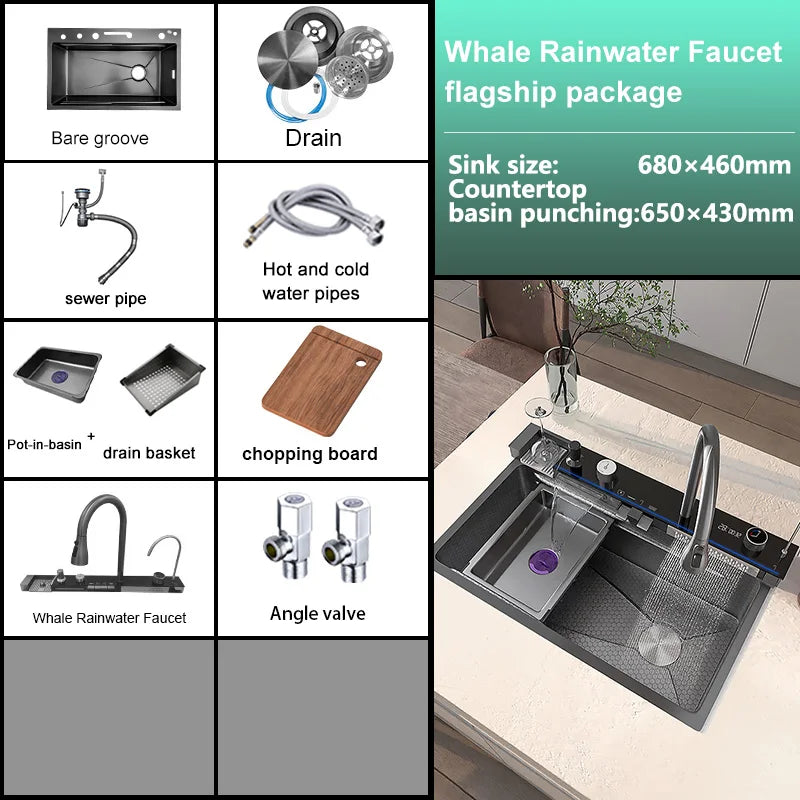 Stainless Steel Waterfall Kitchen Sink Digital Display Large Single Slot Dishwashing Sinks Overseas Warehouse Shipping