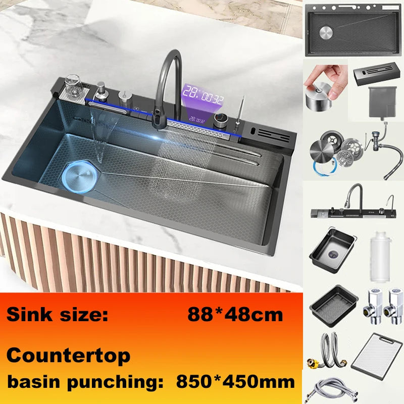 Gold Stainless Steel Kitchen Sink Scratch Wear Resistant Household Wash Dish Basin With Digital Display Large Single Slot