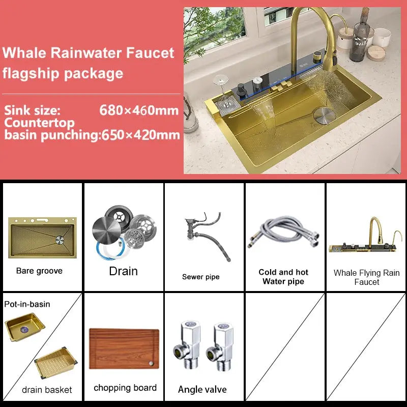 Stainless Steel Waterfall Kitchen Sink Extra Large Single Bowl Digital Display Multifunctional Dishwashing sinks
