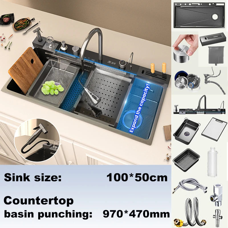 Gold Stainless Steel Kitchen Sink Scratch Wear Resistant Household Wash Dish Basin With Digital Display Large Single Slot